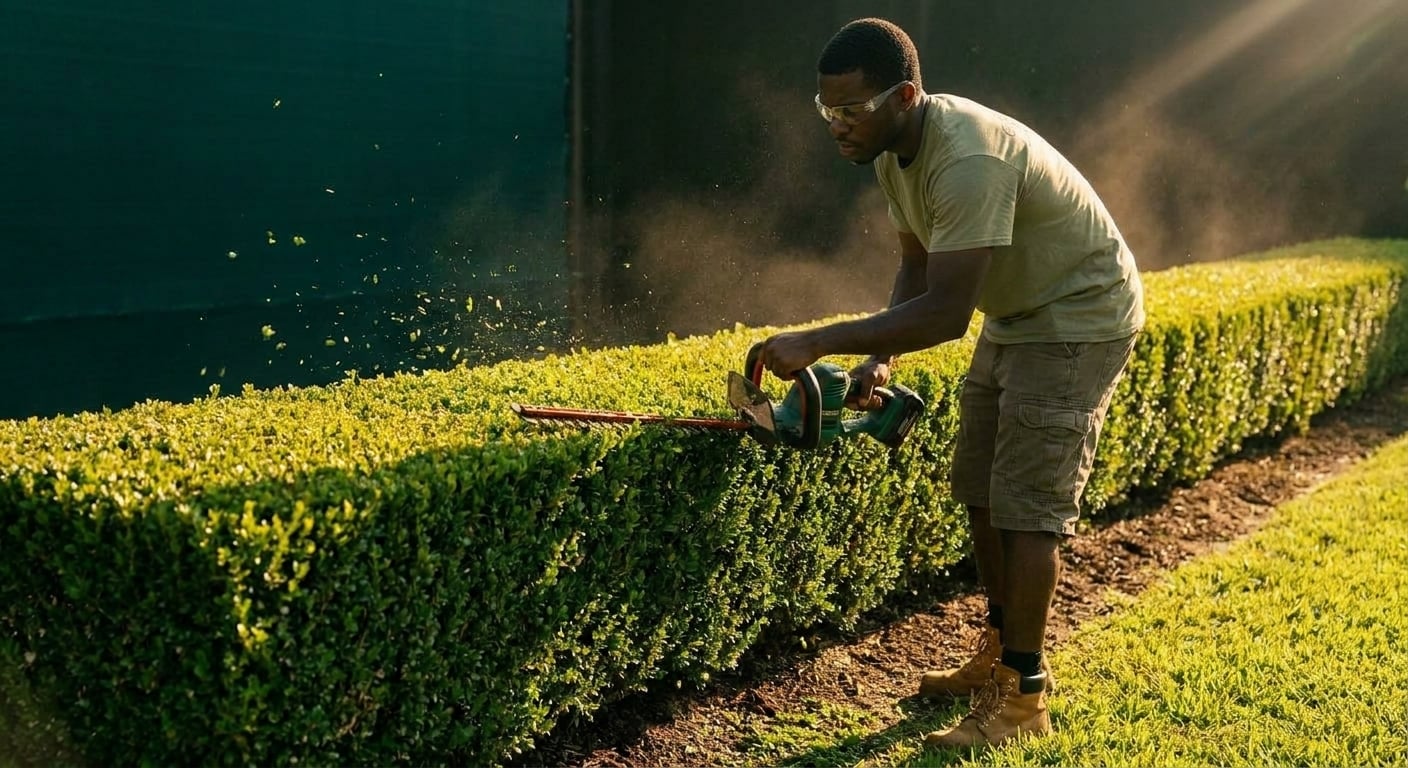 Using the reference image — preserve every person's face, hair, skin tone, and build. This is a photograph of real working tradespeople on a residential site. Same three-person landscaping crew from t