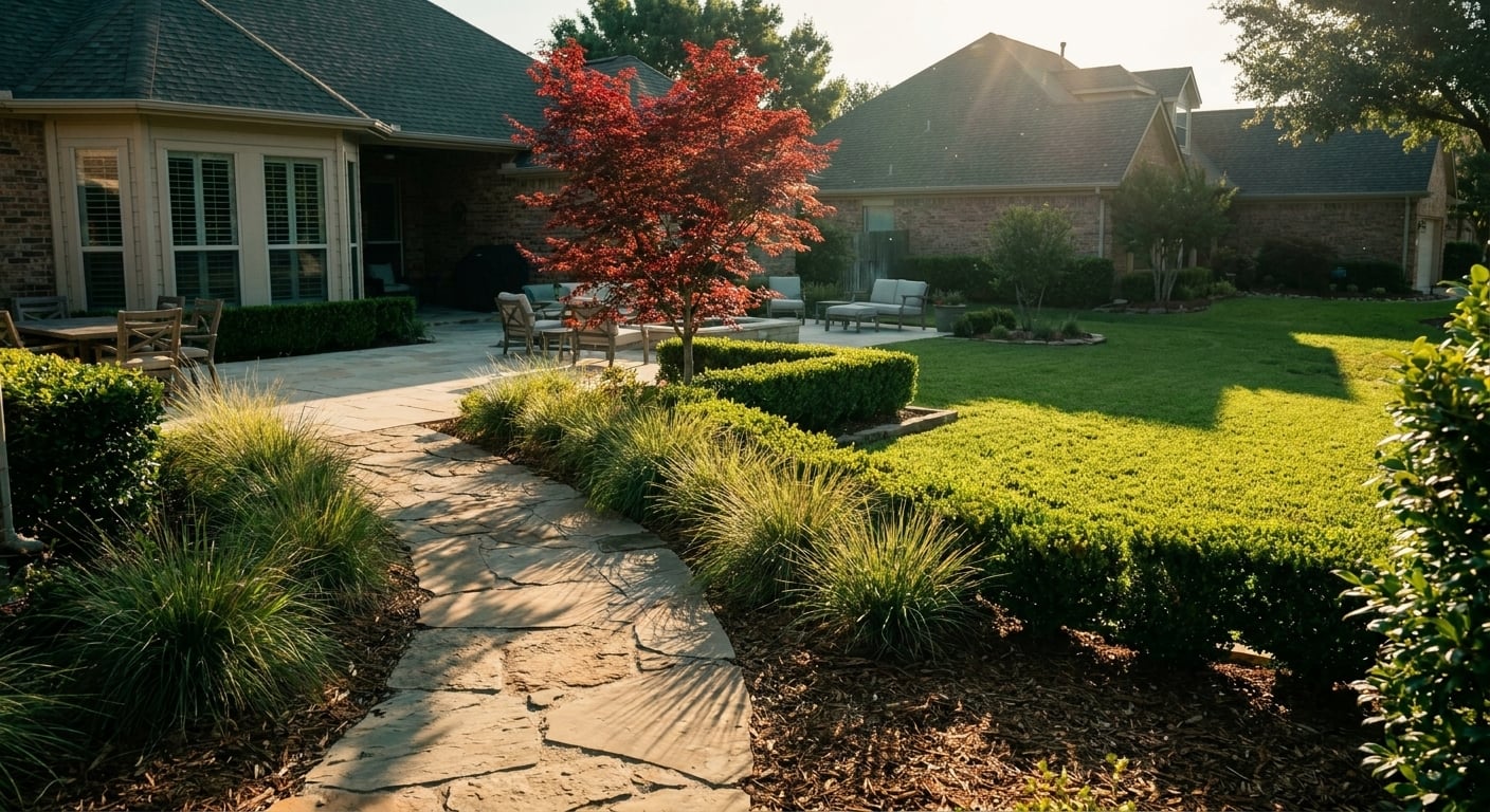 Using the reference image — preserve every person's face, hair, skin tone, and build. This is a photograph of real working tradespeople on a residential site. Same three-person landscaping crew from t
