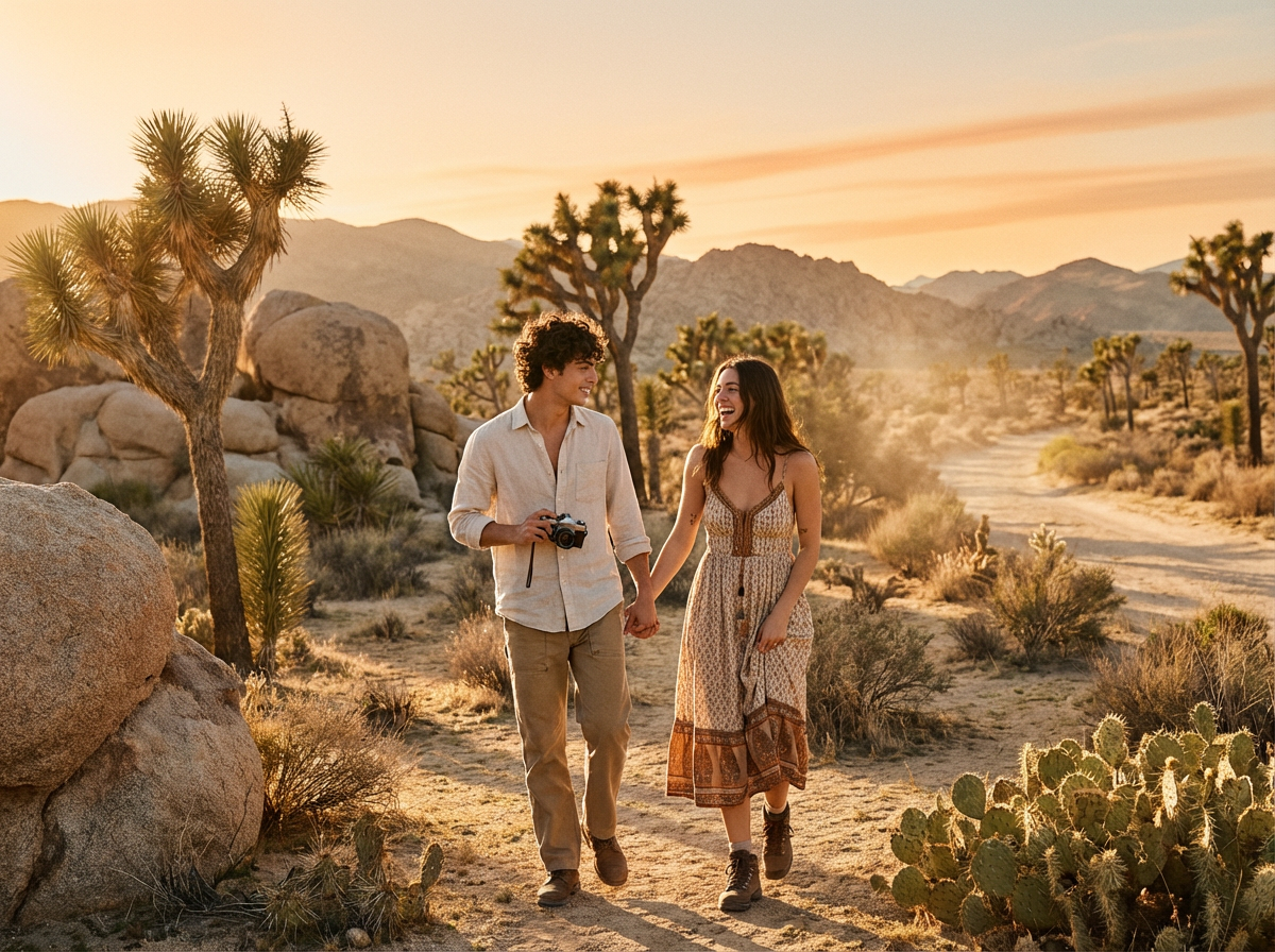Couple walking through Joshua Tree National Park