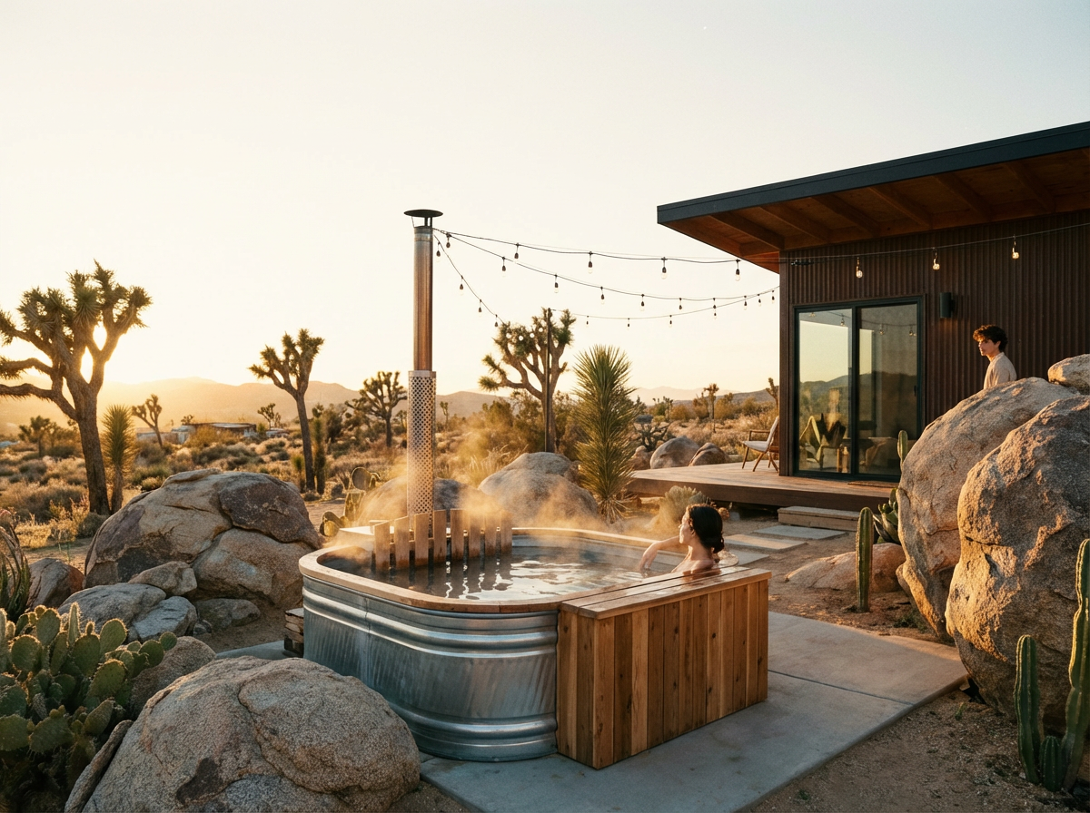 Joshua Tree retreat home surrounded by desert landscape and iconic twisted trees under brilliant blue skies